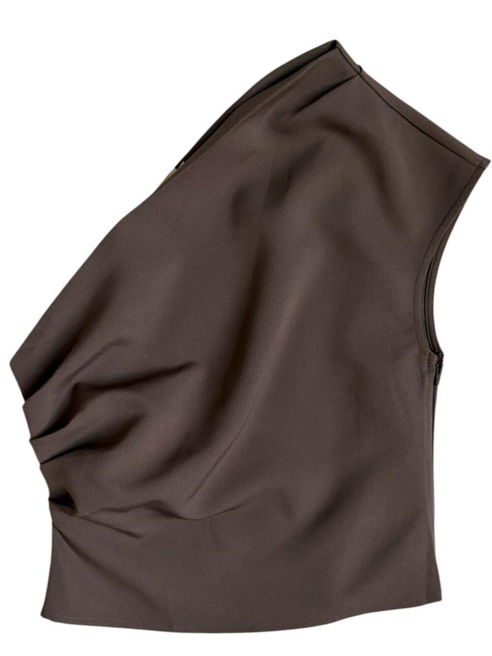 Beige Botany One Shoulder Top with Ruched Side (Brown) - Size Small